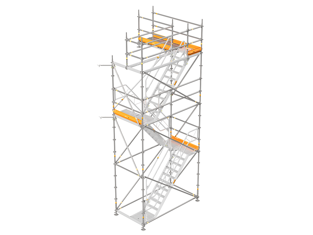 Andamio multidireccional con escaleras internas y plataformas de acceso para trabajo en altura en construcción en Bogotá